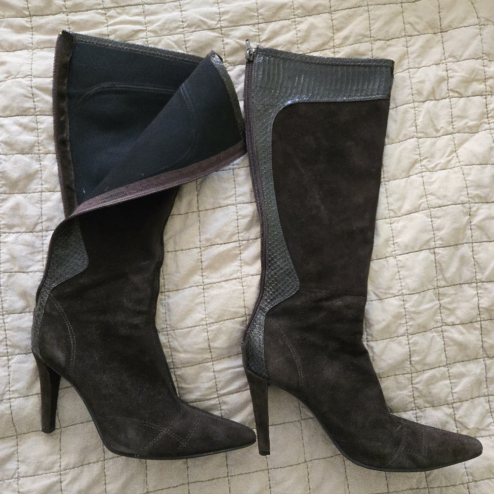 Brown Suede Leather Boots Heels Size 7.5